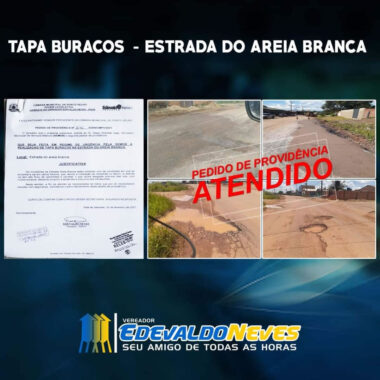 Atendendo pedido do vereador Edevaldo Neves, prefeitura realiza tapa buracos no bairro Areia Branca Atendendo pedido do vereador Edevaldo Neves, prefeitura realiza tapa buracos no bairro Areia Branca