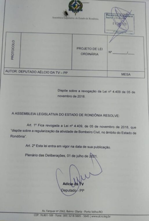 Projeto de Aélcio da TV que acabou com a profissão de Bombeiro Civil em Rondônia