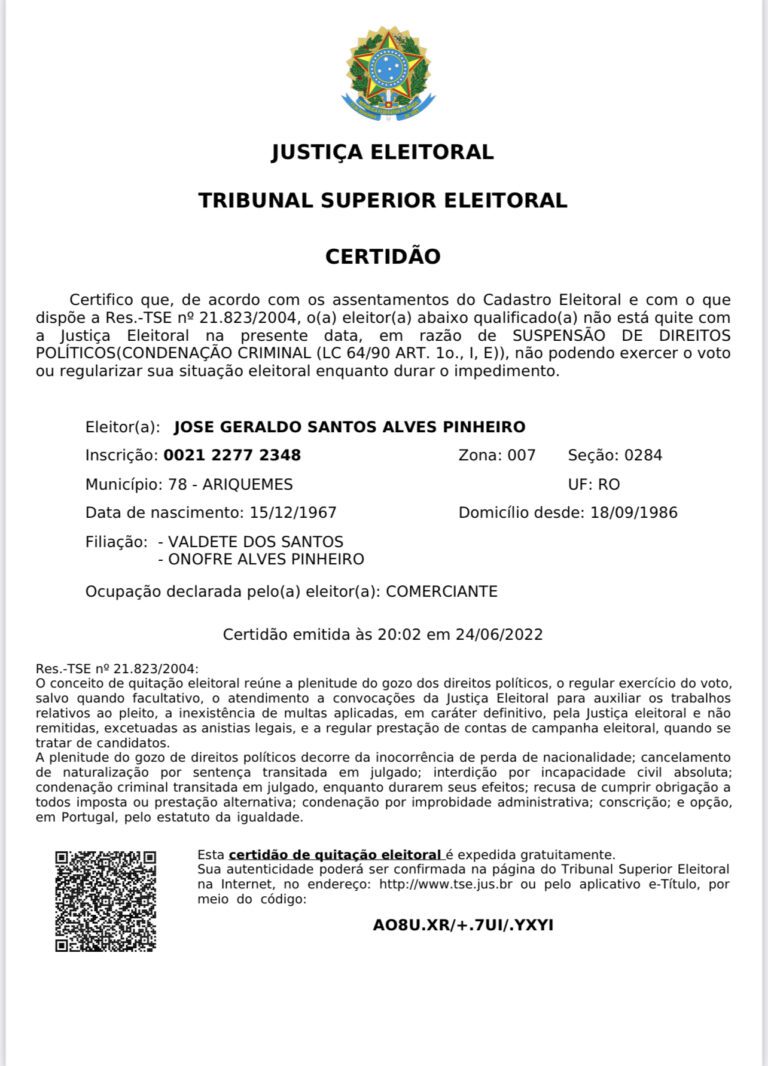 FIM DA LINHA - TSE confirma suspensão dos direitos políticos e Geraldo da Rondônia não é mais deputado - CONFIRA CERTIDÃO 4 FIM DA LINHA - TSE confirma suspensão dos direitos políticos e Geraldo da Rondônia não é mais deputado - CONFIRA CERTIDÃO