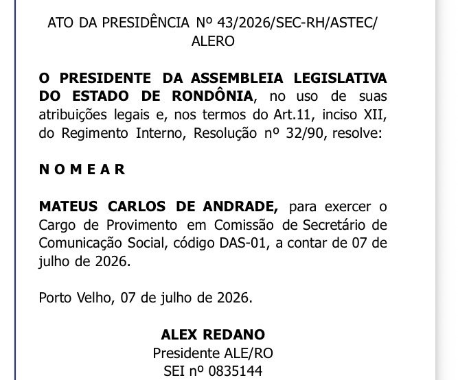 Mateus Andrade é nomeado novo secretário de Comunicação da Assembleia Legislativa de Rondônia