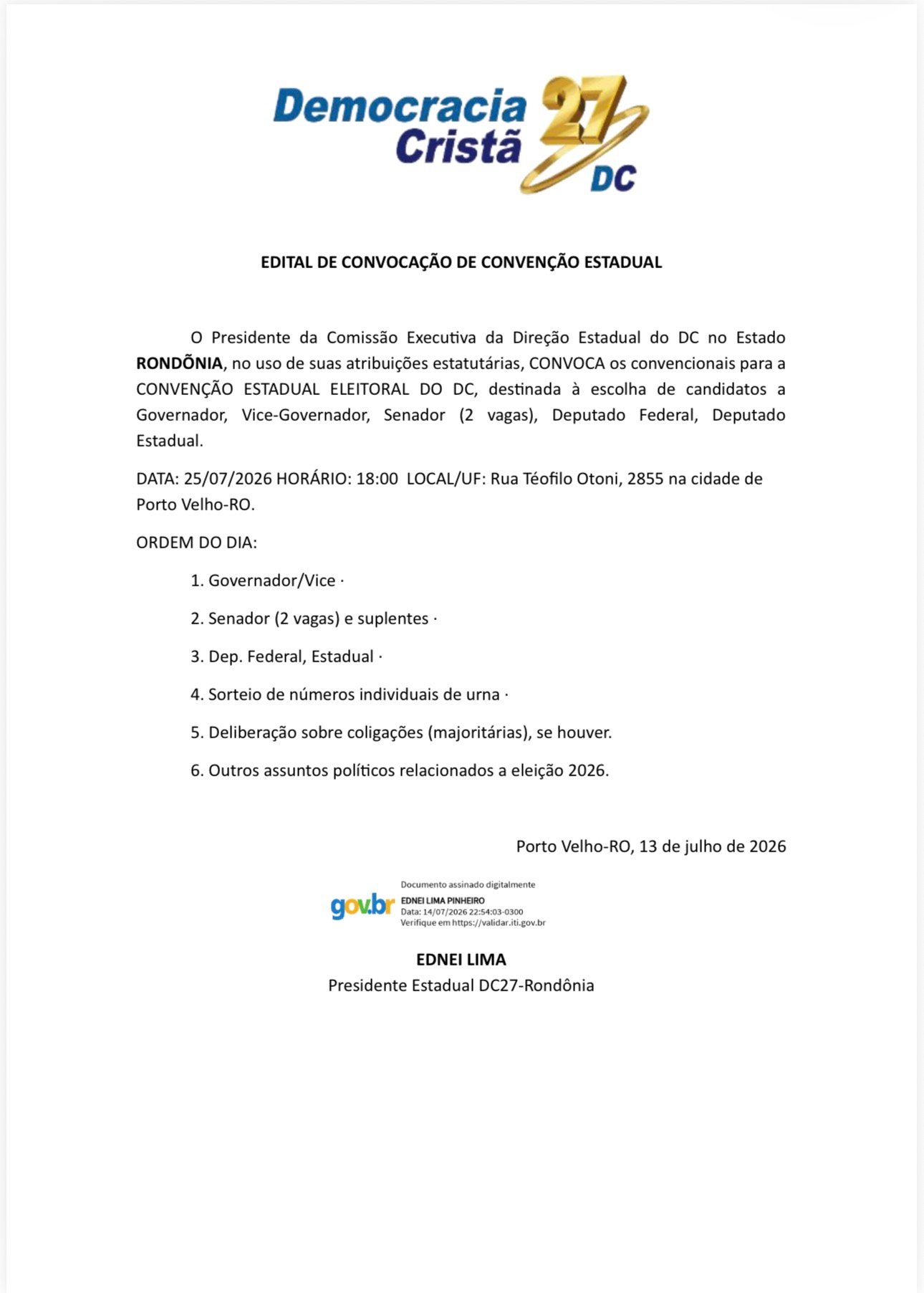 Screenshot DC Rondônia convoca convenção estadual para definição de candidaturas das eleições de 2026