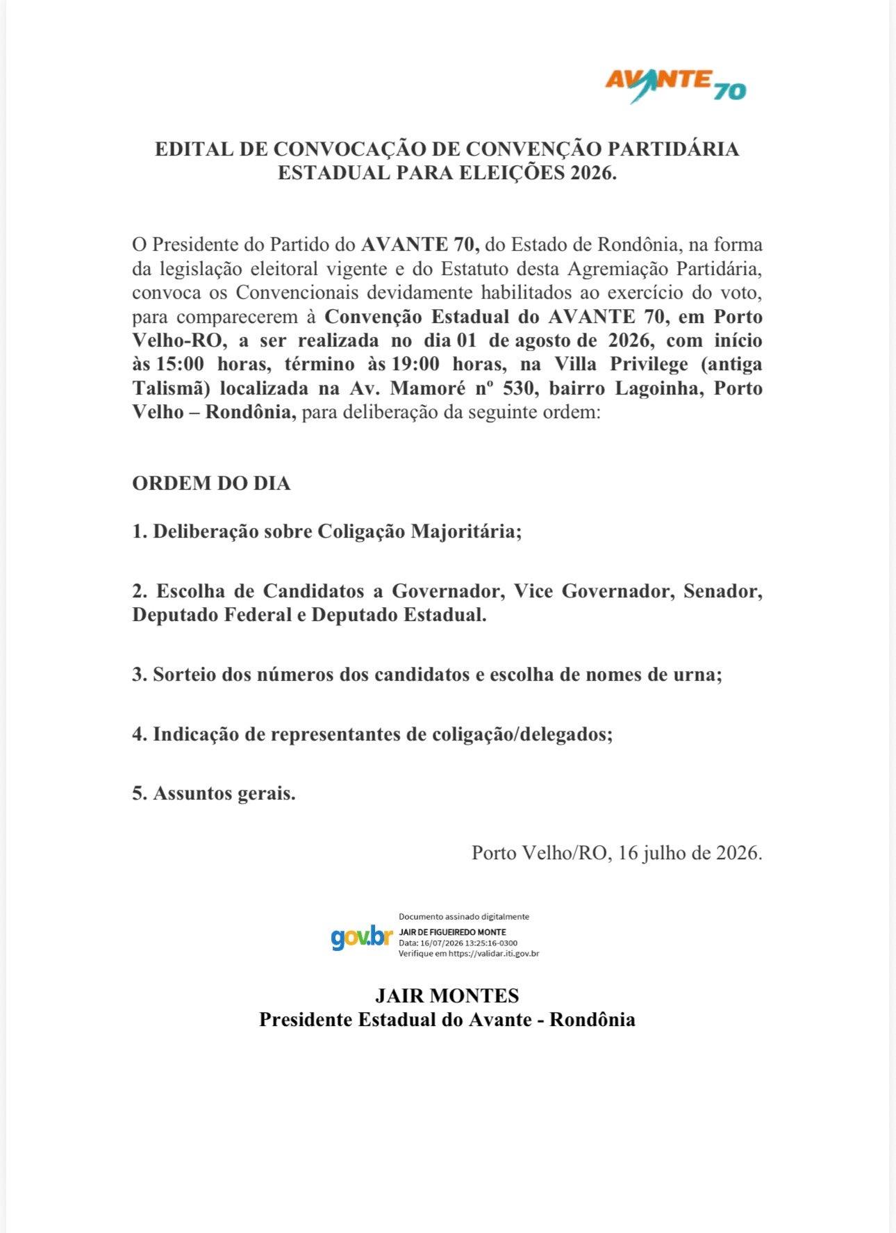 Screenshot Avante convoca convenção estadual para definir candidaturas às eleições de 2026 em Rondônia