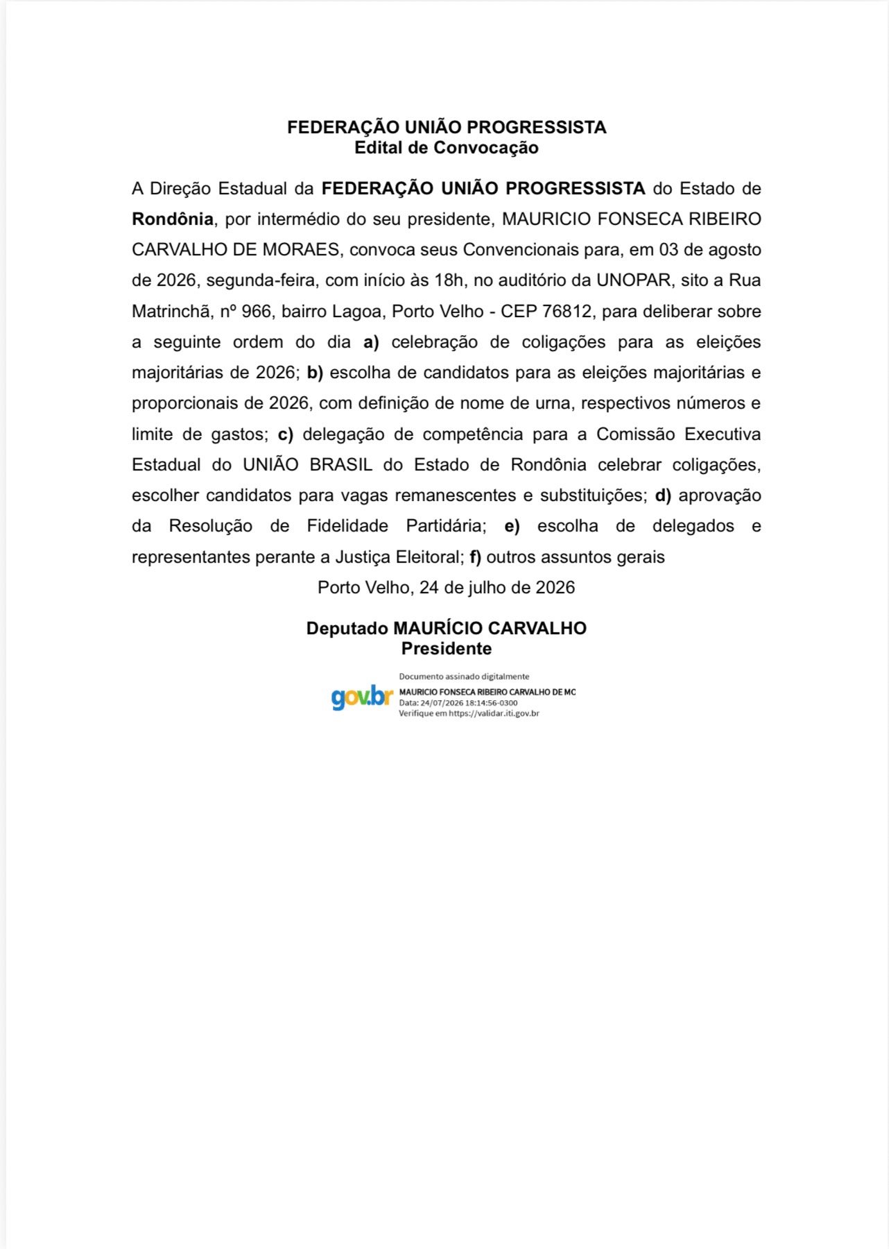 Screenshot Federação União Progressista convoca convenção estadual em Rondônia