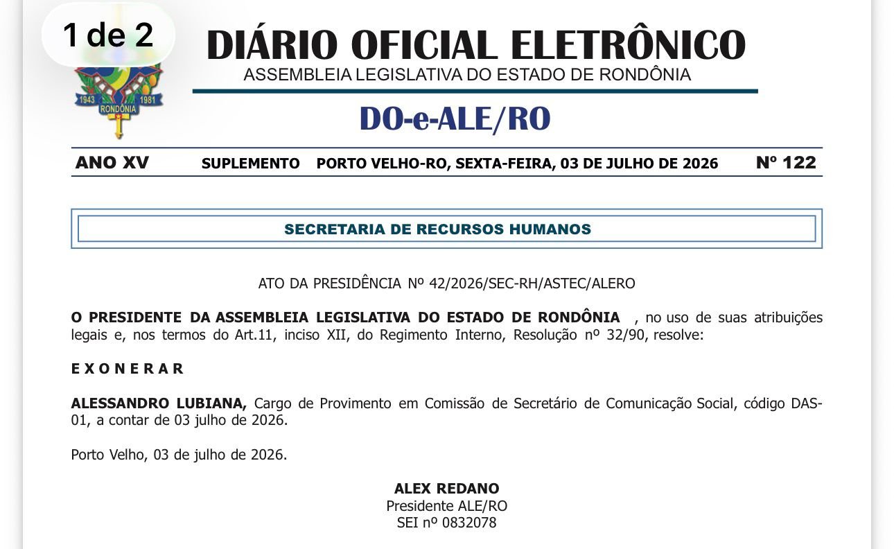 Secretário de Comunicação da Assembleia Legislativa de Rondônia é exonerado do cargo 2 Secretário de Comunicação da Assembleia Legislativa de Rondônia é exonerado do cargo