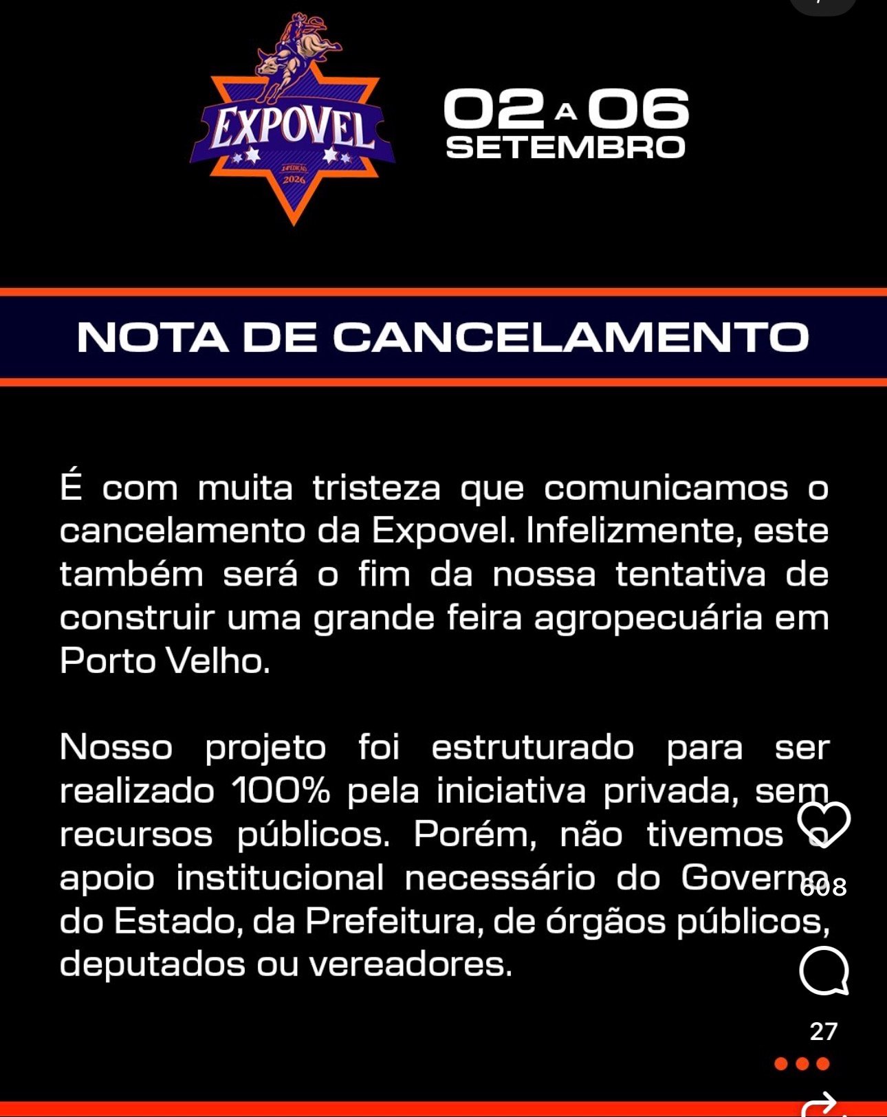 Screenshot Expovel anuncia cancelamento de feira agropecuária em Porto Velho
