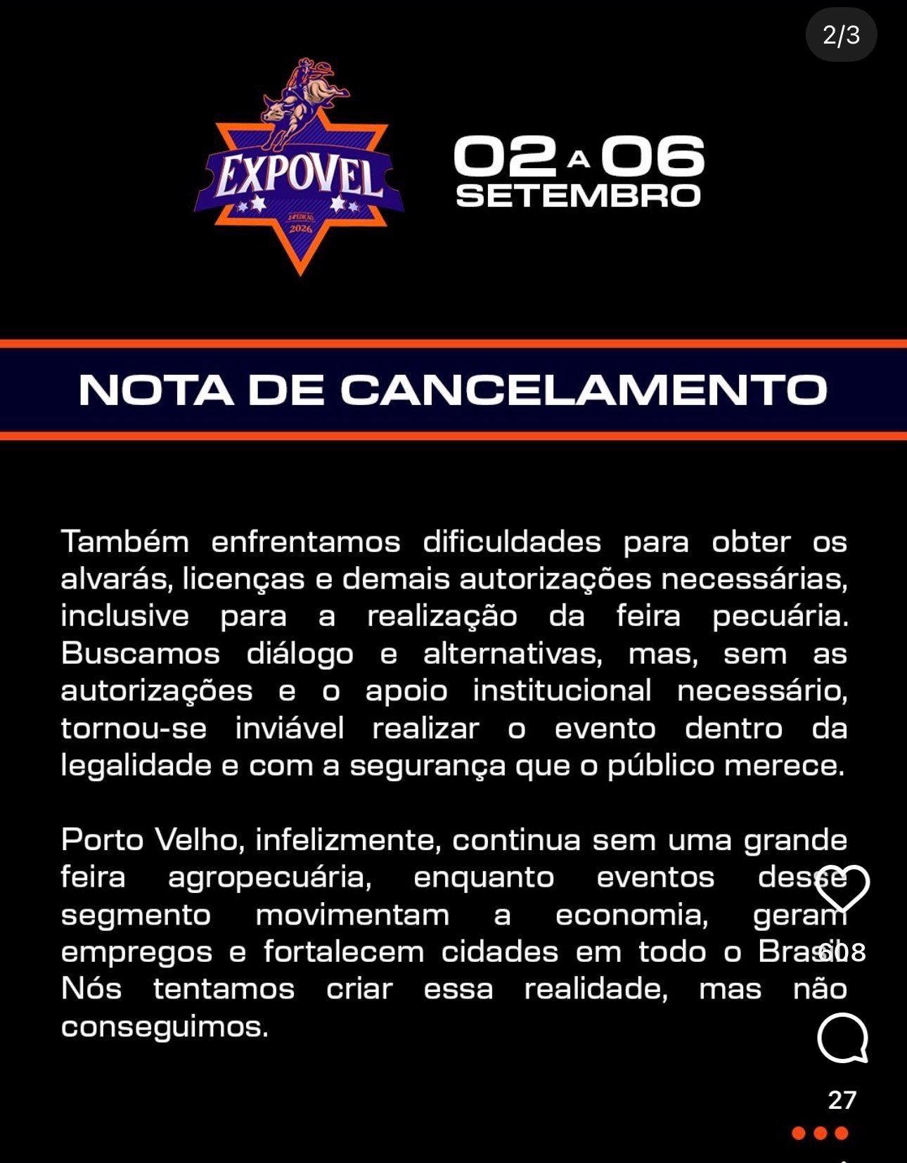 Screenshot Expovel anuncia cancelamento de feira agropecuária em Porto Velho