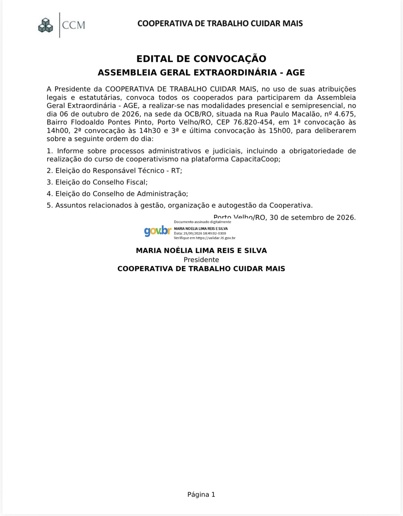 Cooperativa de Trabalho Cuidar Mais convoca Assembleia Geral Extraordinária para 6 de outubro 3 Cooperativa de Trabalho Cuidar Mais convoca Assembleia Geral Extraordinária para 6 de outubro